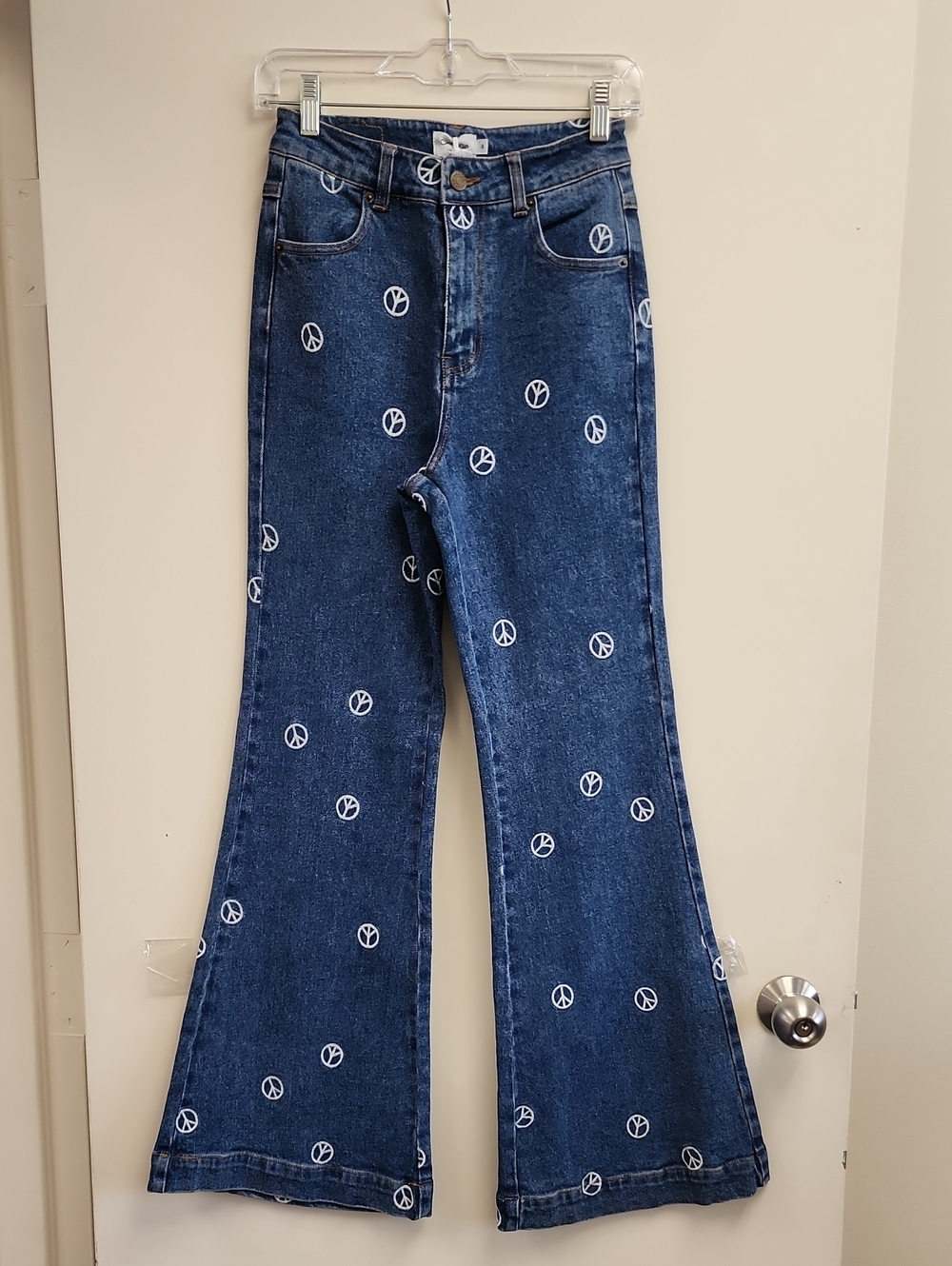 Ghanda Blue Peace Sign Print Flare Jeans Size 8